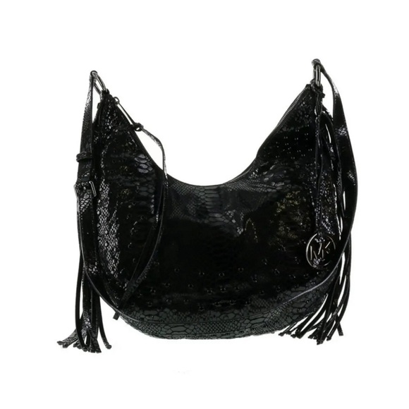 Michael Kors Medium Rhea Crystal Black Slouchy Shoulder Patent Python Black Bag - Picture 1 of 3